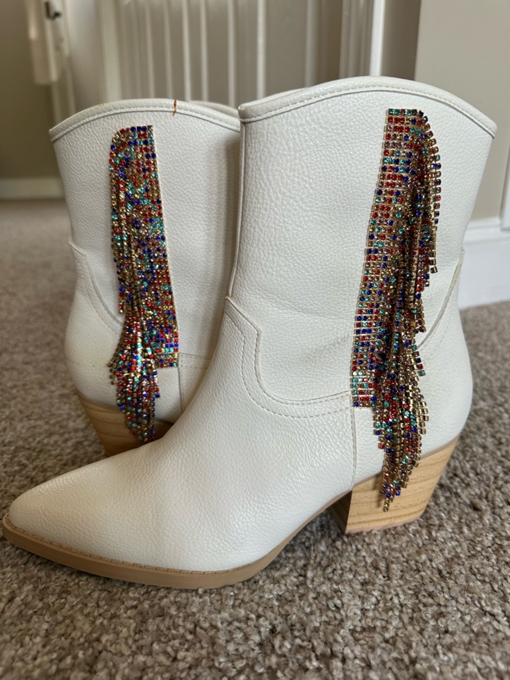 White Women's Western Ankle Boots with Multicolor Rhinestone Fringe 7.5